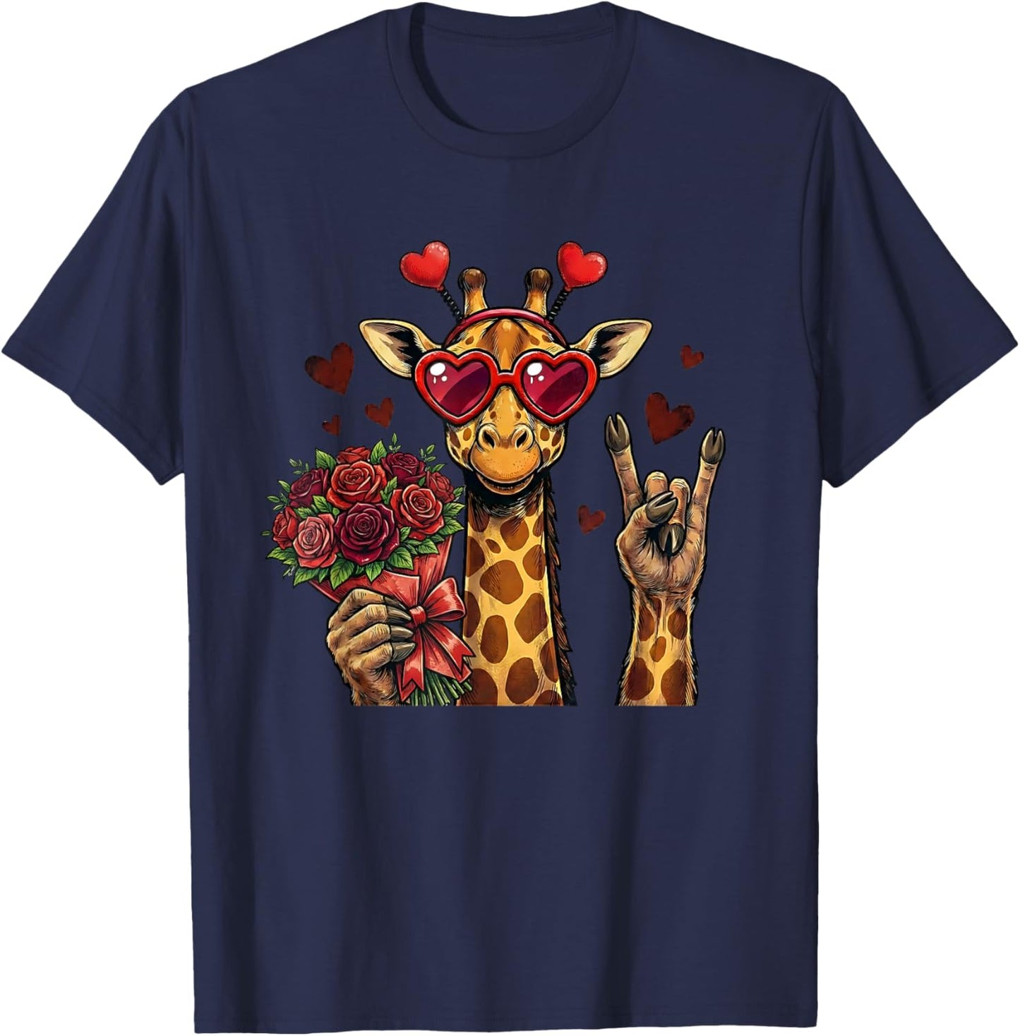 Funny Giraffe Love Design Valentine Heart Glasses T-Shirt - T-Shirt | Navy