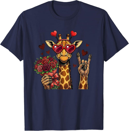 Funny Giraffe Love Design Valentine Heart Glasses T-Shirt - T-Shirt | Navy