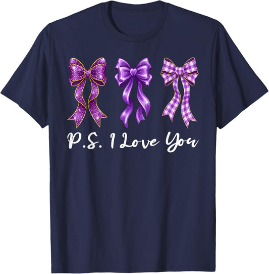 PS I Love You Day Valentine's Day Coquette Bow Women Girls T-Shirt - T-Shirt | Navy