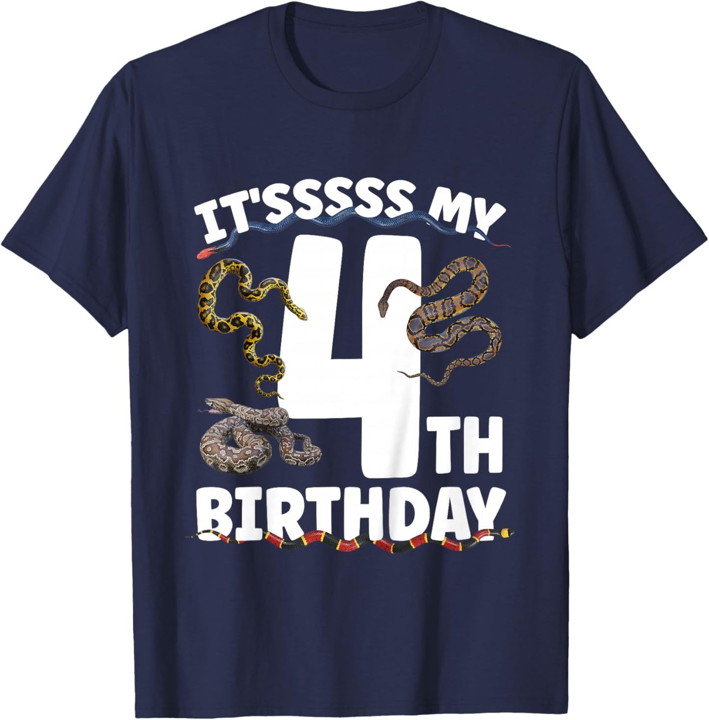 4th Snake Birthday Party 4 Year Old Snake Lover Birthday T-Shirt - T-Shirt | Navy
