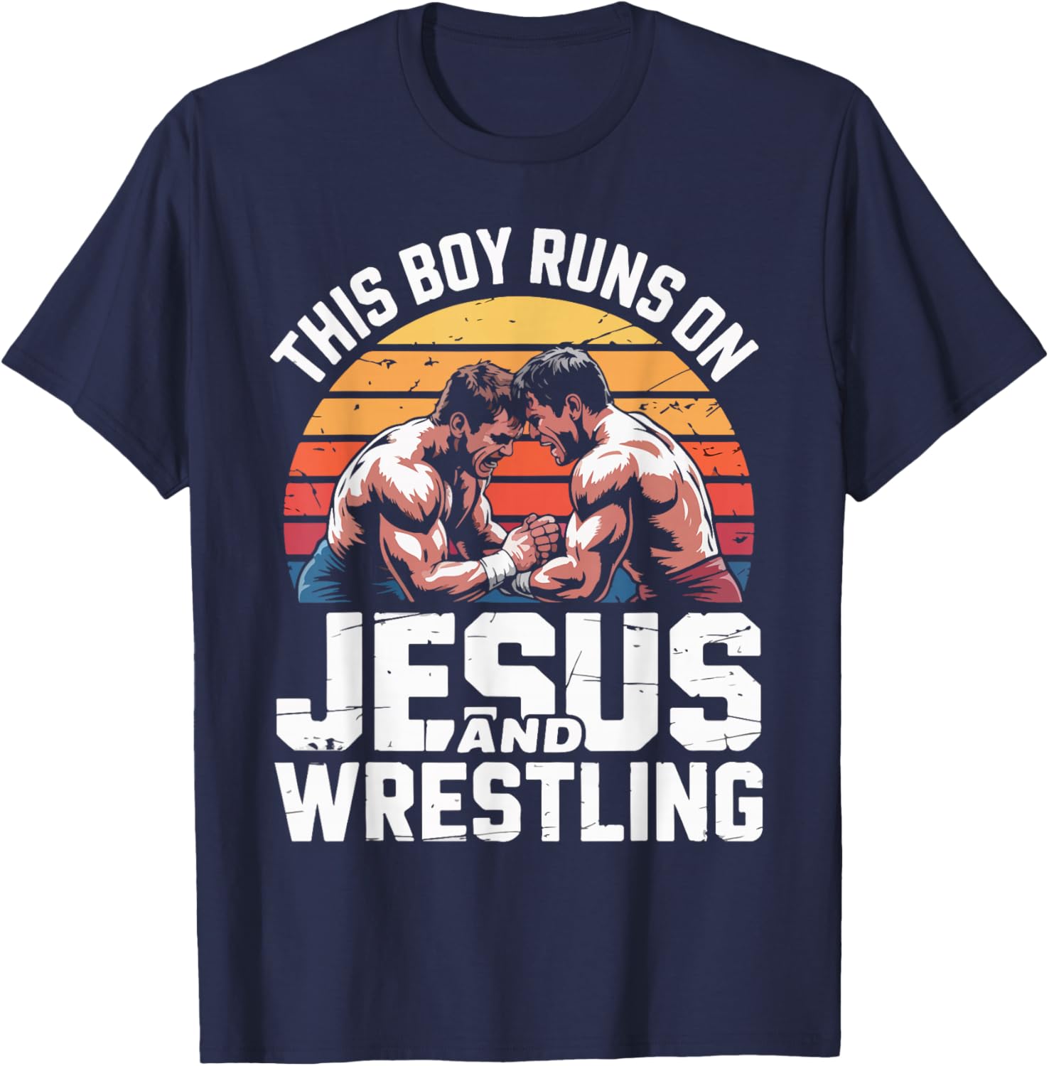 This Boy Runs On Jesus and Wrestling T-Shirt - T-Shirt | Navy