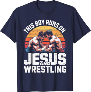 This Boy Runs On Jesus and Wrestling T-Shirt - T-Shirt | Navy
