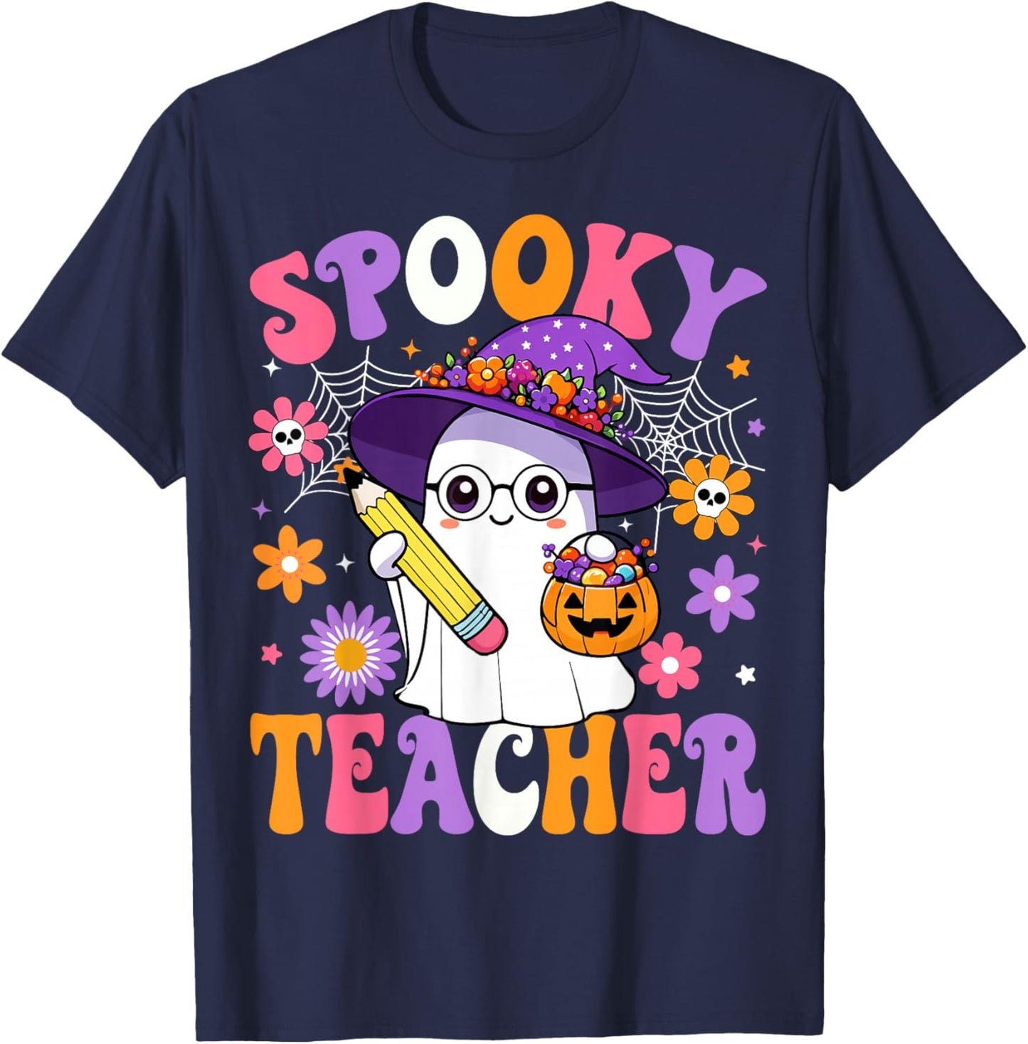 Trick Or Teach Spooky Teacher Ghost Funny Halloween Teacher T-Shirt - T-Shirt | Navy