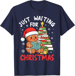 Just Waiting for Christmas Gingerbread Book Reading T-Shirt - T-Shirt | Navy
