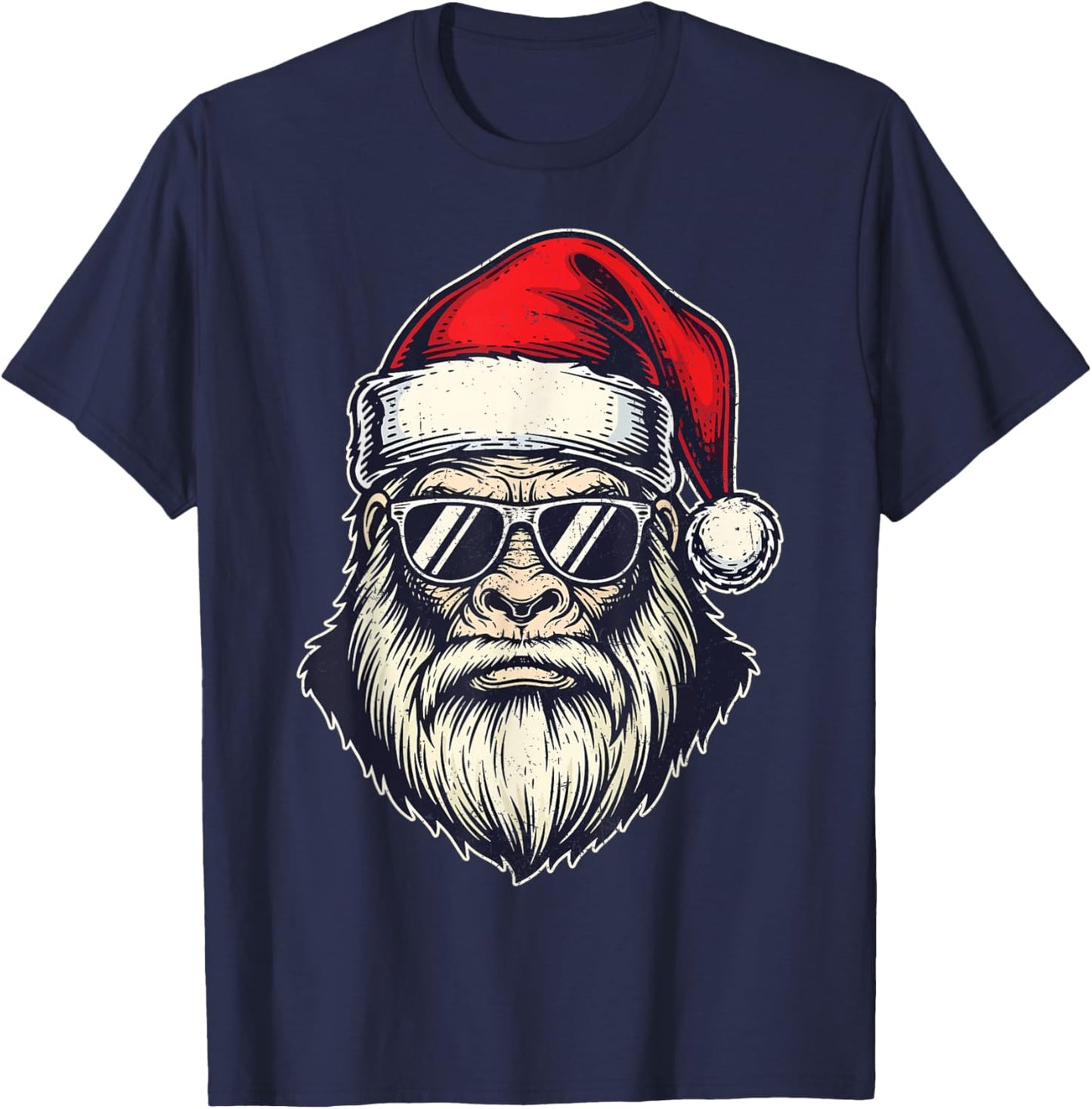Bigfoot Face Santa Sunglasses Funny Christmas Xmas Sasquatch T-Shirt - T-Shirt | Navy