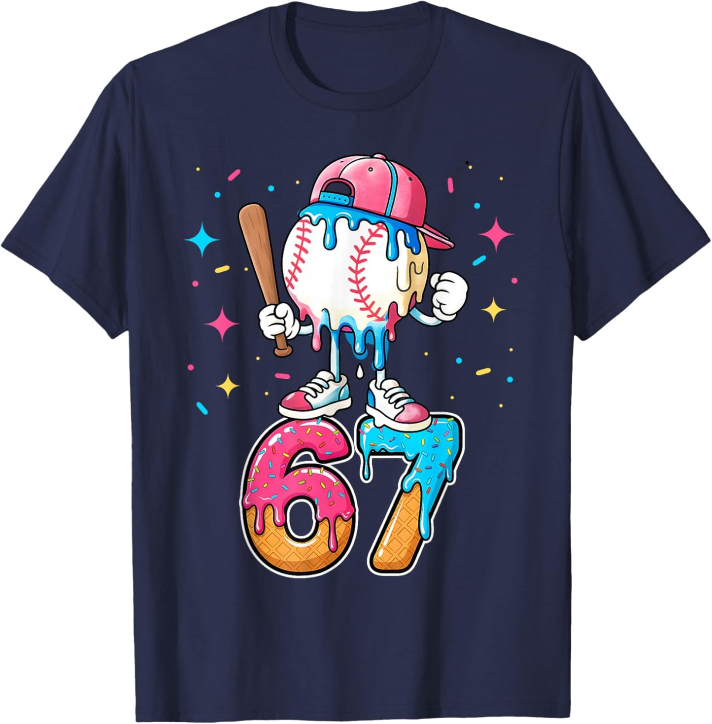 Baseball Drip Number 67 Six Seven Meme Ice Cream Dripping T-Shirt - T-Shirt | Navy