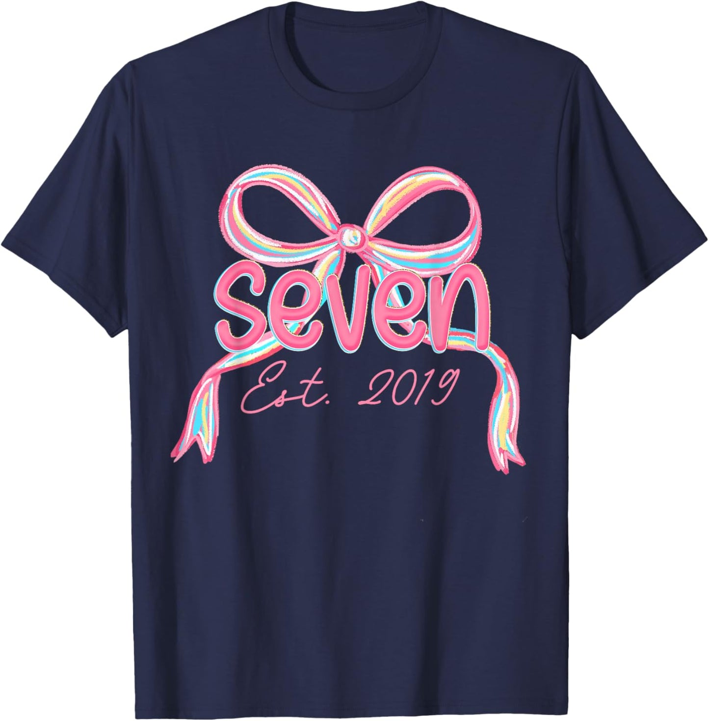 7th Birthday Girl Pink Coquette Bow 7 Year Old Decorations T-Shirt - T-Shirt | Navy