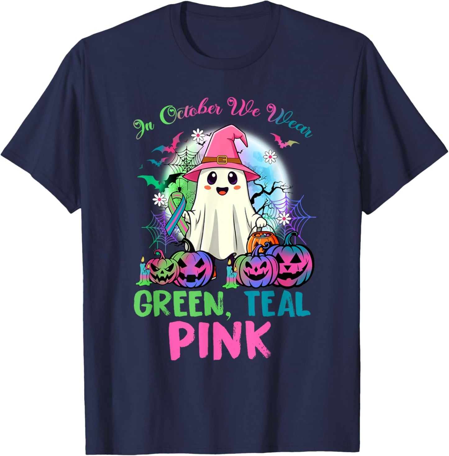 in October We Wear Teal Pink Halloween Metastatic Breast Can T-Shirt - T-Shirt | Navy