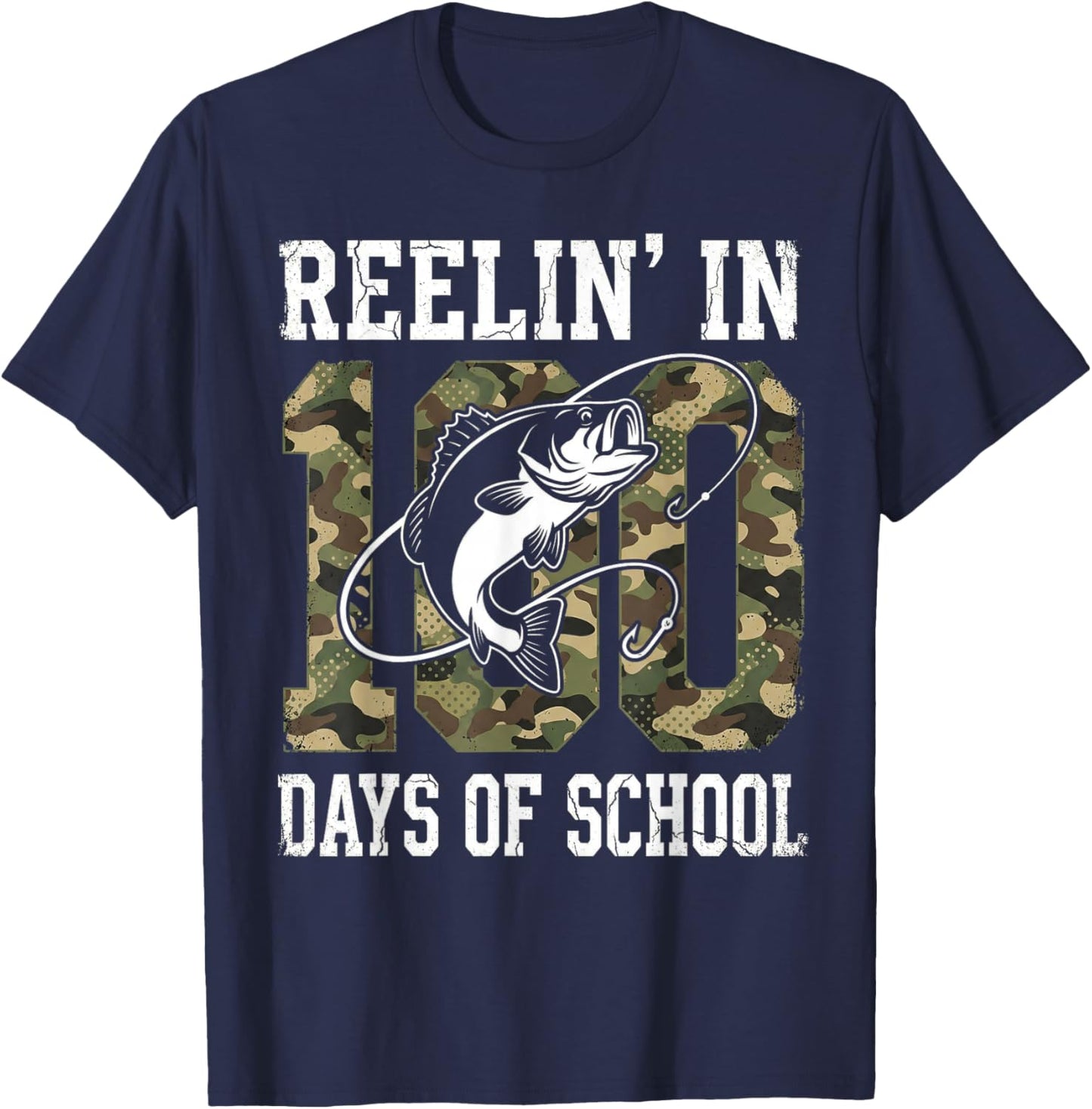 Reelin' in 100 Days of School Bass Camo Fishing Lover Boys T-Shirt - T-Shirt | Navy