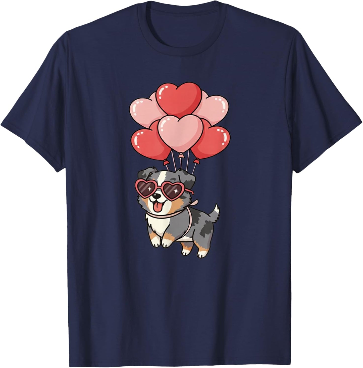 Valentines Day Heart Balloons Blue Merle Australian Shepherd T-Shirt - T-Shirt | Navy