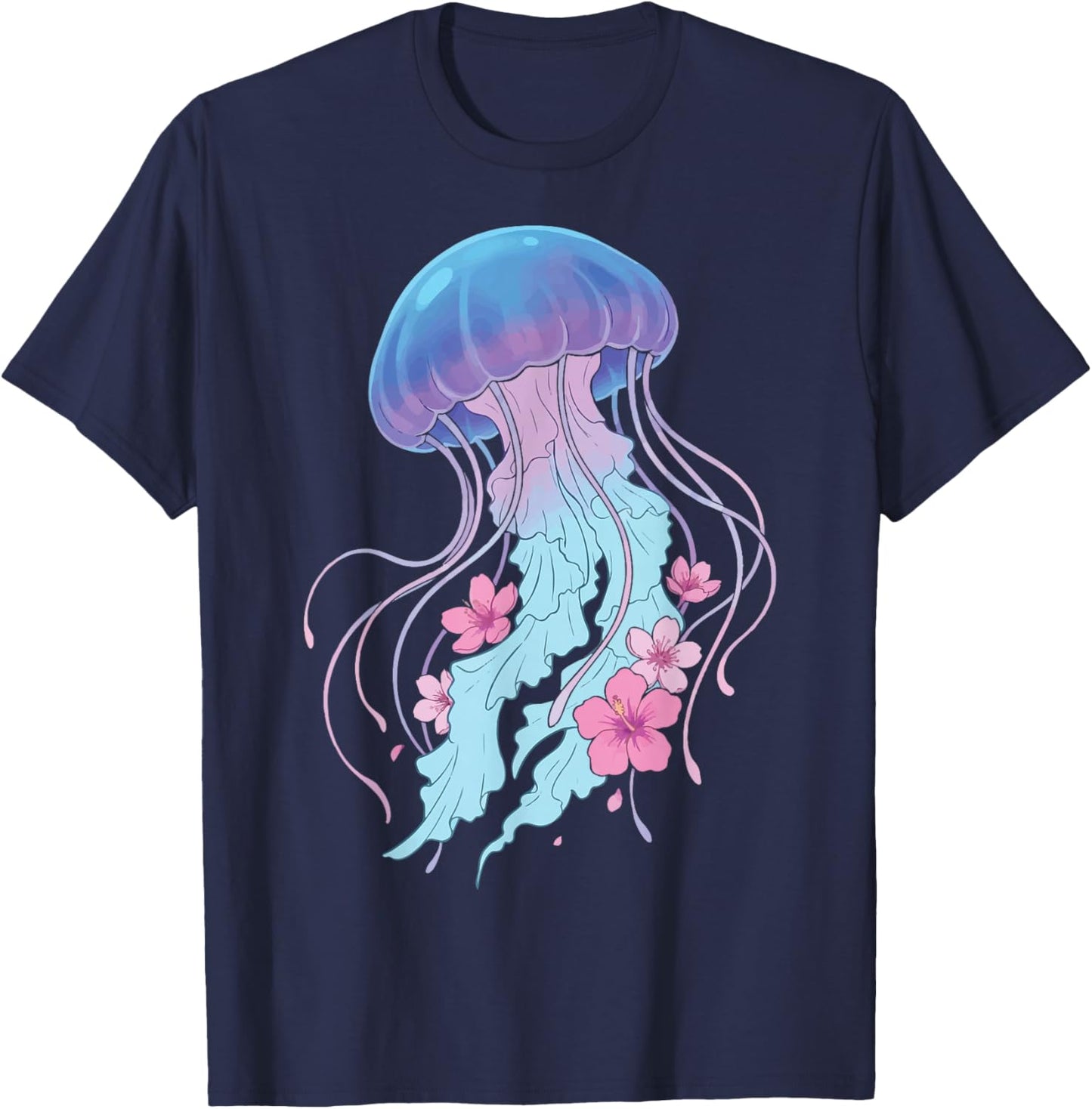 Jellyfish Floral Ocean Flowers T-Shirt - T-Shirt | Navy