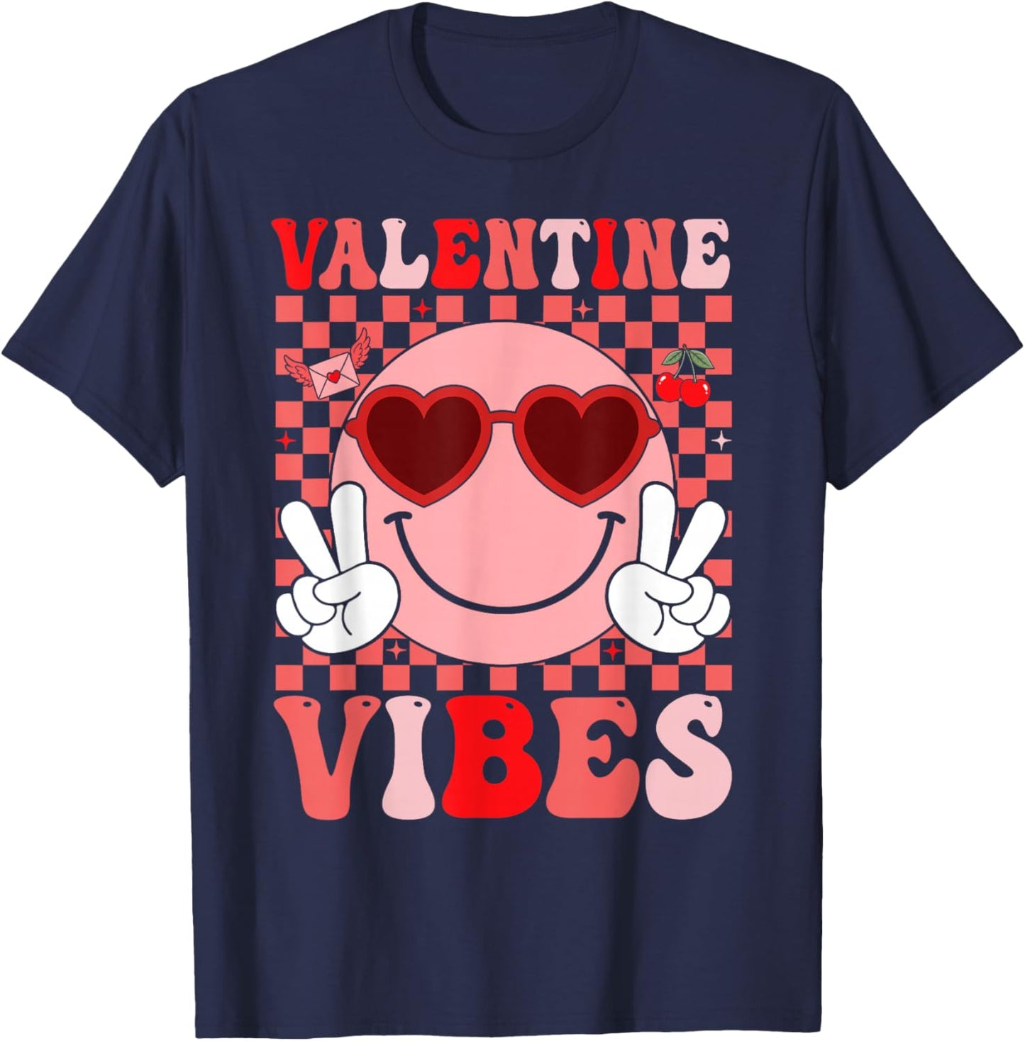Groovy Valentine Vibes Smile Face Valentines Day Girls Women T-Shirt - T-Shirt | Navy