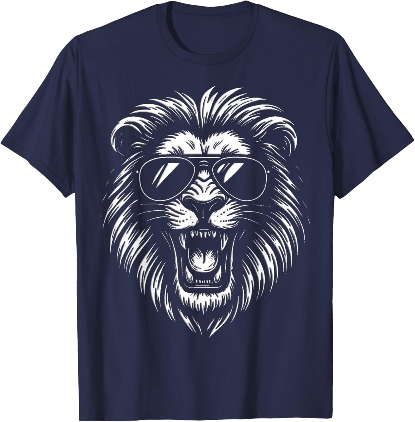 Roaring Lion with Sunglasses Bold Black and White Artwork T-Shirt - T-Shirt | Navy