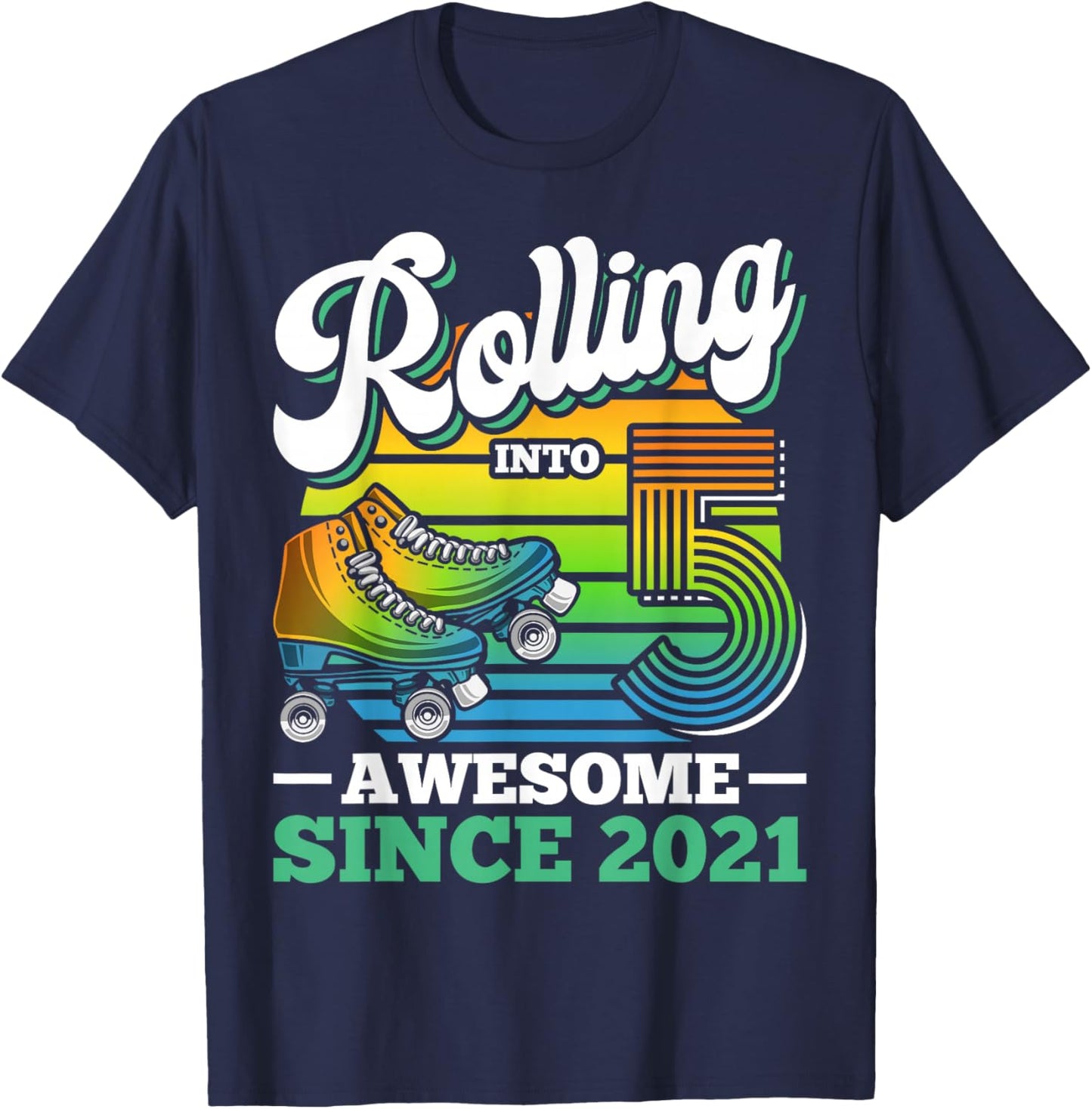 Rolling Into 5 Year Boy Roller Skating Birthday 5th Birthday T-Shirt - T-Shirt | Navy