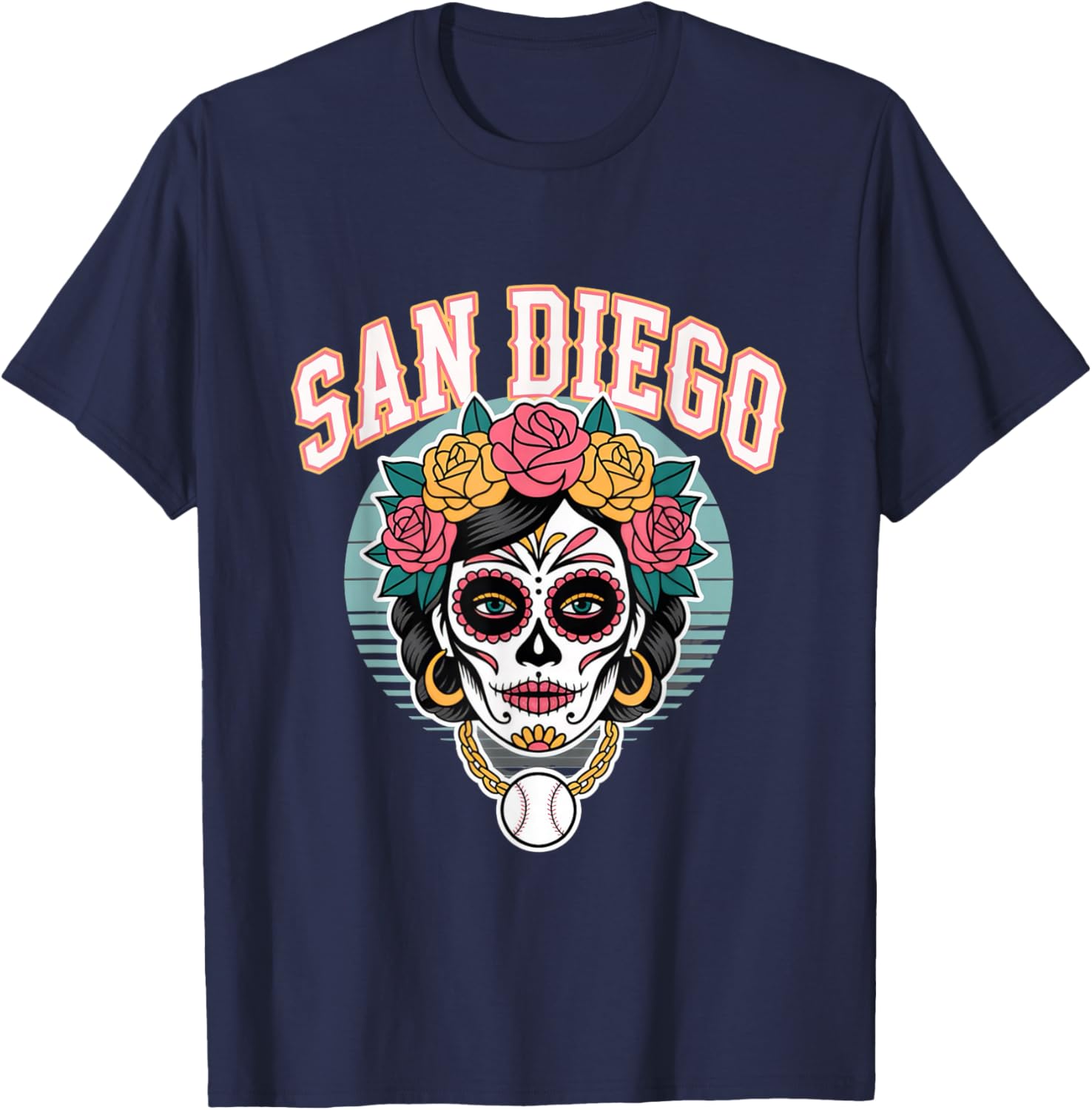 San Diego Sugar Skull Flower City Baseball T-Shirt - T-Shirt | Navy