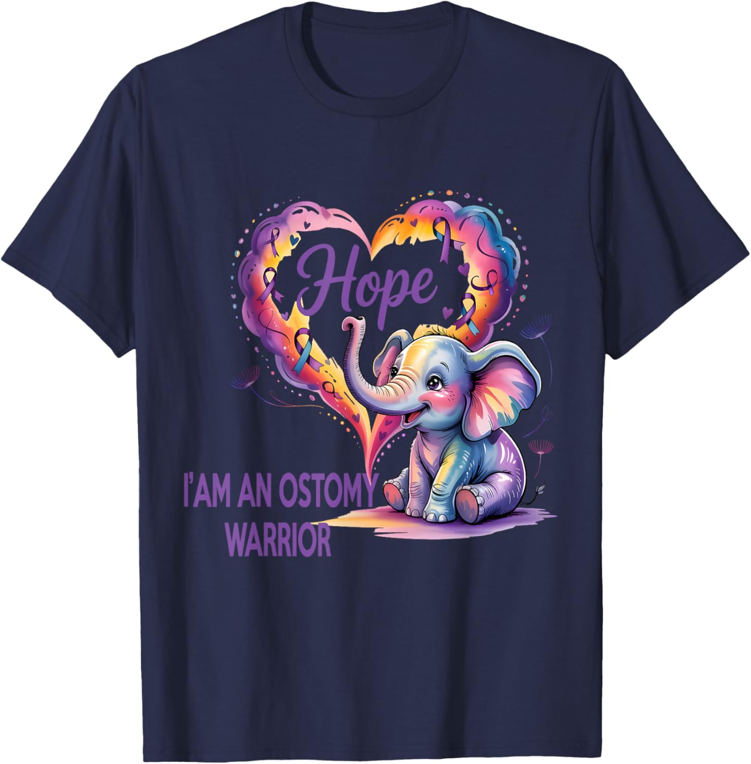 Ostomy Warrior Hope Elephant Awareness Ribbon Purple T-Shirt - T-Shirt | Navy
