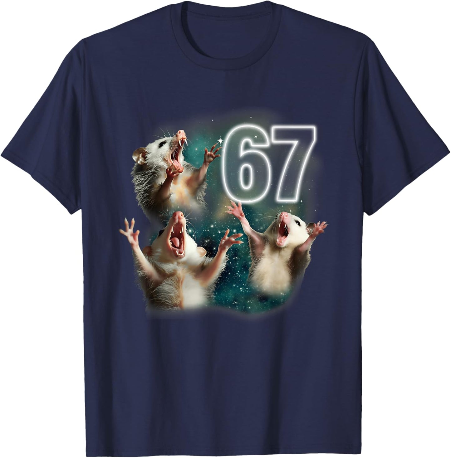 Three Opposum Moon 67 Possum Howling Six Seven Weird Meme T-Shirt - T-Shirt | Navy