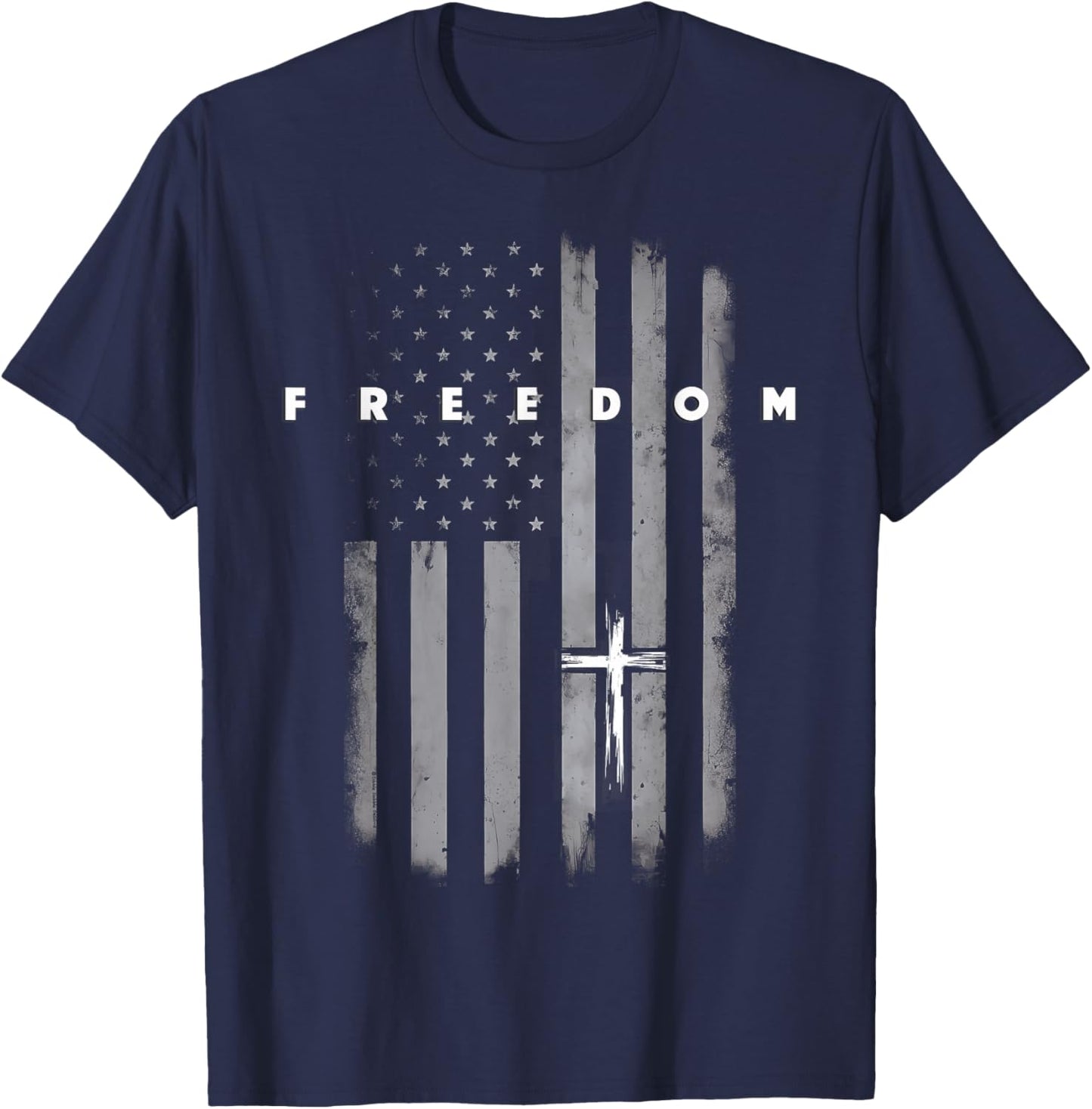 Grunge American Flag and Cross Faith Family Freedom T-Shirt - T-Shirt | Navy