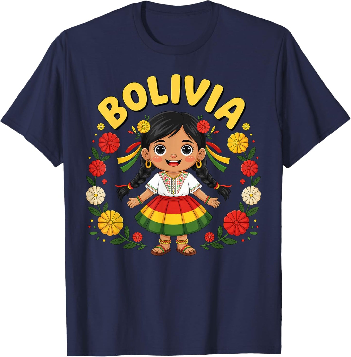 Cute Bolivia Girl Traditional Dress with Floral Design Kids T-Shirt - T-Shirt | Navy