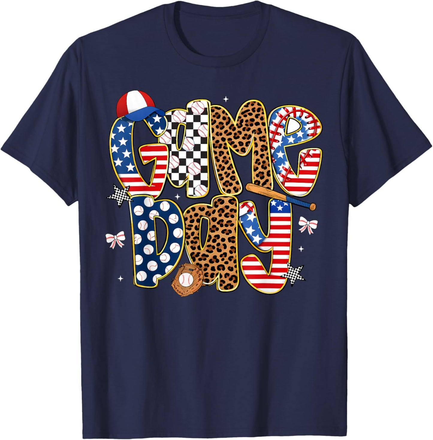 Checkered Leopard Game Day Baseball Men Women Kids T-Shirt - T-Shirt | Navy
