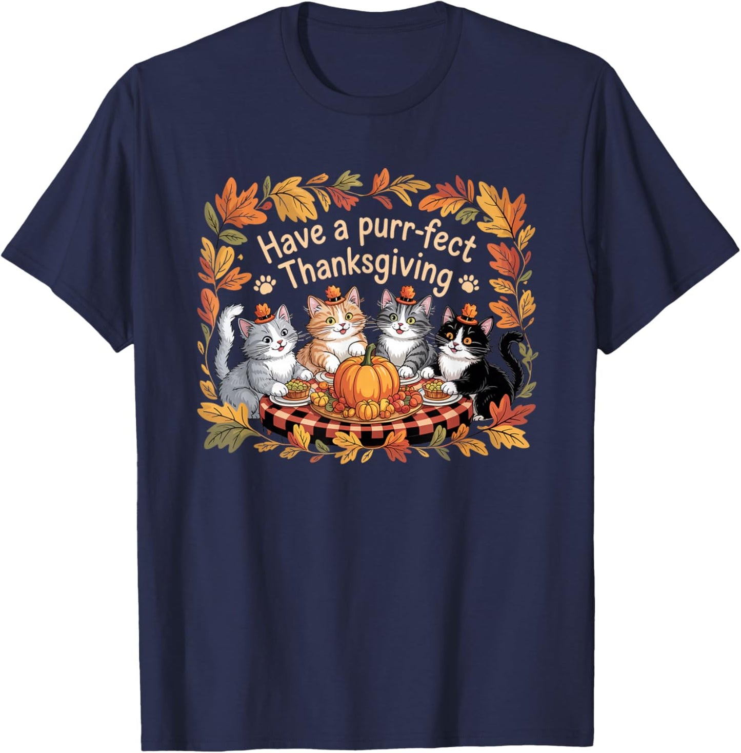 Thanksgiving Cats Dinner Vintage Feat Fall Men Women Kids T-Shirt - T-Shirt | Navy