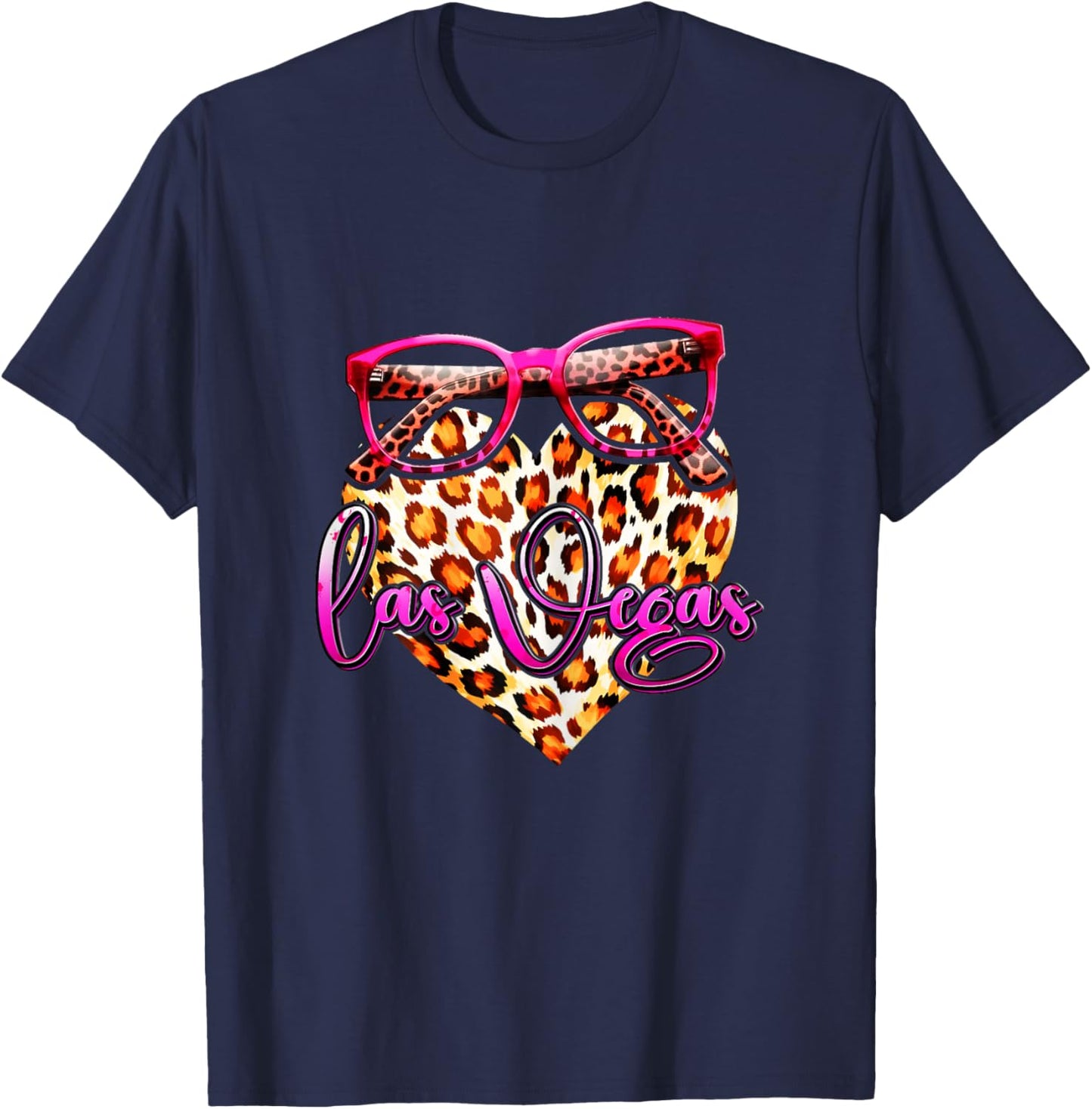 Las Vegas Leopard Heart Pink Sunglasses Stylish Women Look T-Shirt - T-Shirt | Navy