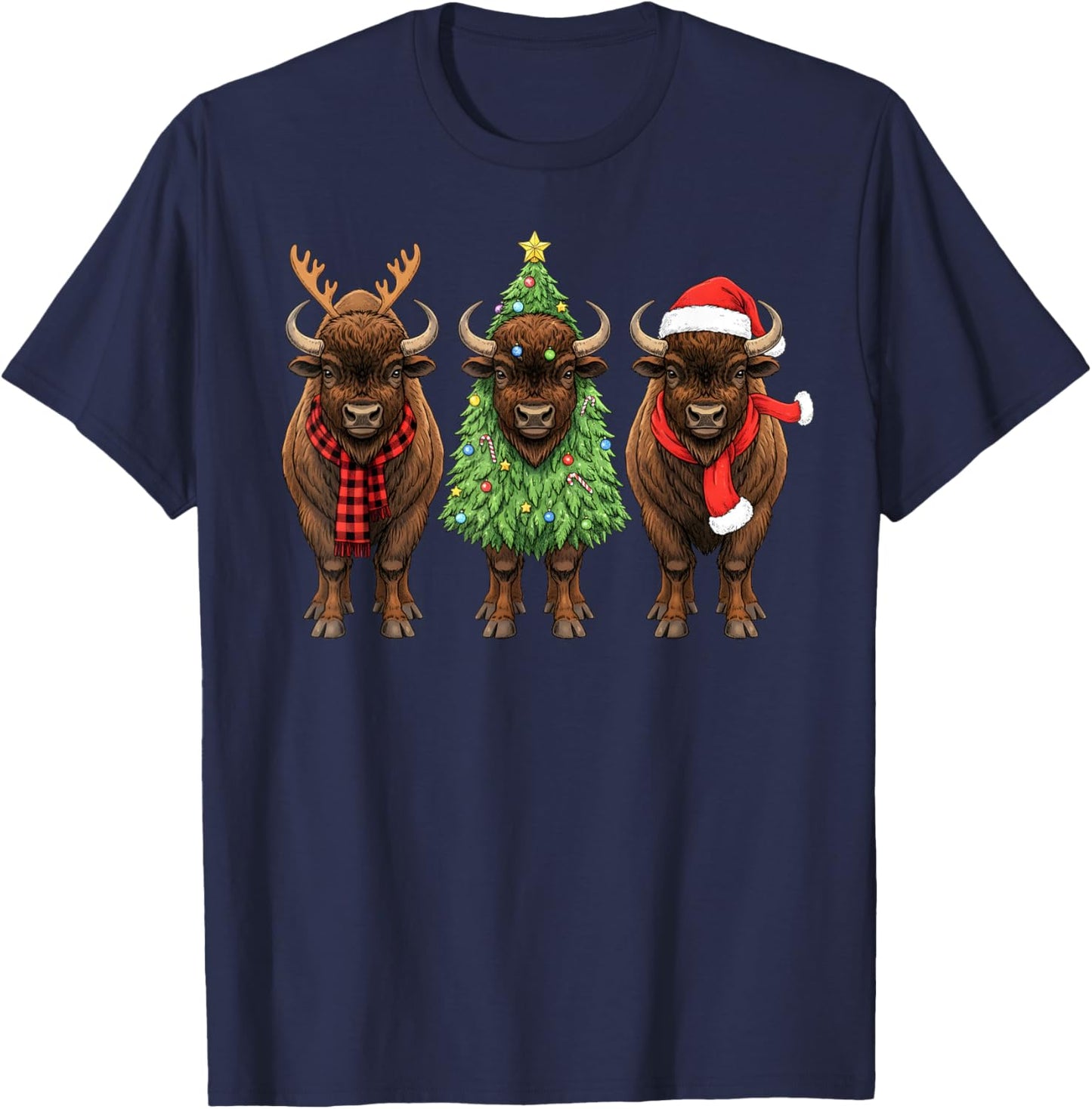 Retro Christmas American Bison Buffalo Santa Reindeer T-Shirt - T-Shirt | Navy