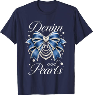 Denim and Pearls Cowgirl Ladies Girls Women T-Shirt - T-Shirt | Navy
