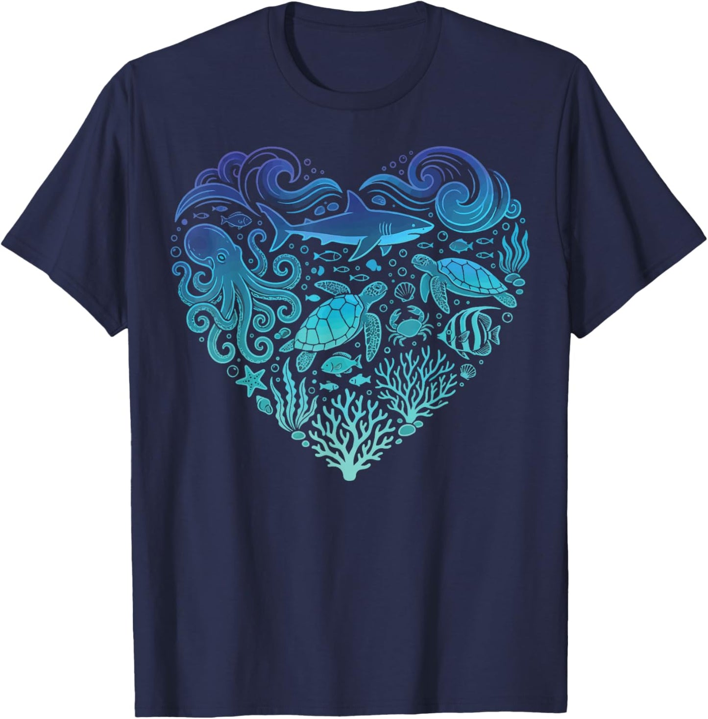 Underwater Sea Animals Heart Shark Fisher T-Shirt - T-Shirt | Navy