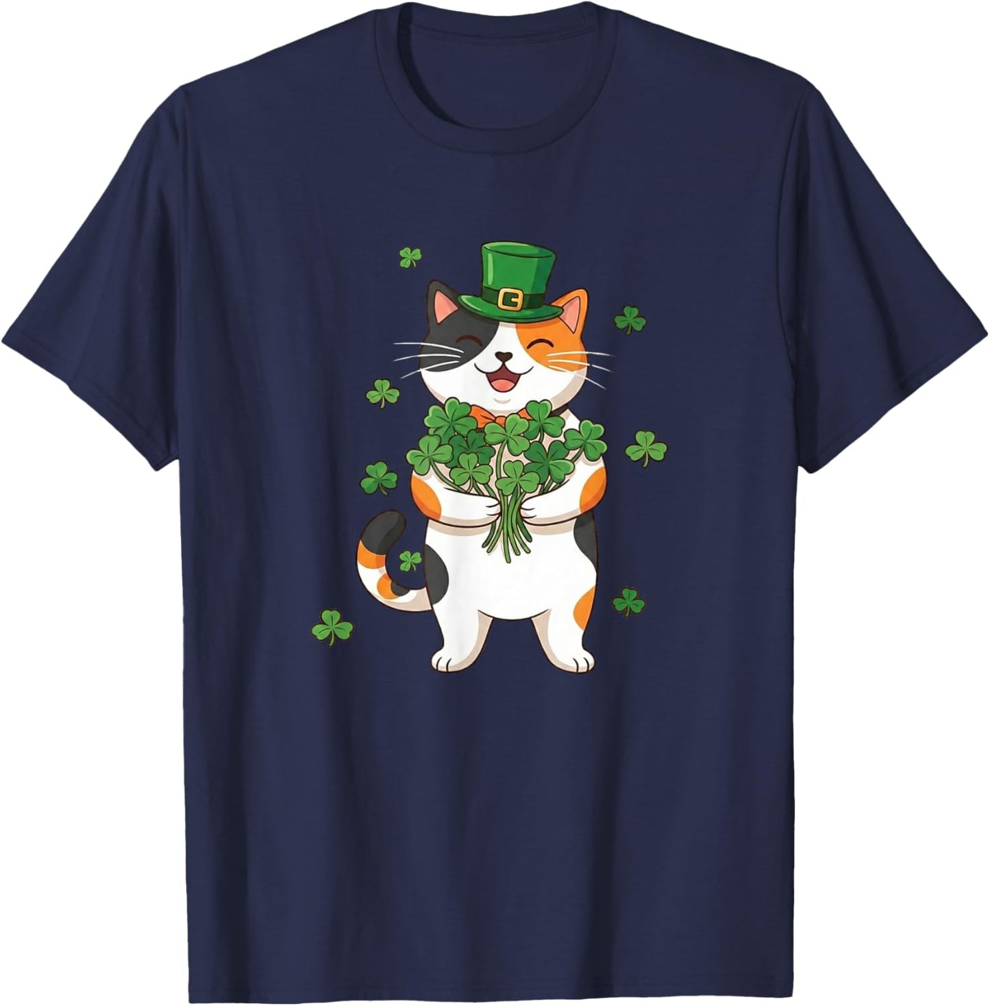 St Patricks Day Calico Cat with Leprechaun Hat and Shamrocks T-Shirt - T-Shirt | Navy
