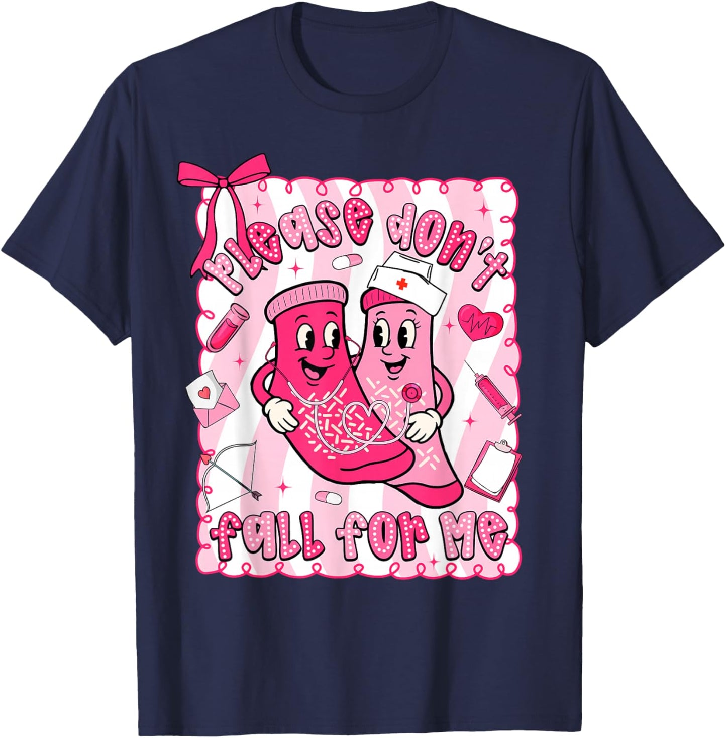 Preppy Valentine Please Don't Fall for Me RN CNA Nurse Women T-Shirt - T-Shirt | Navy