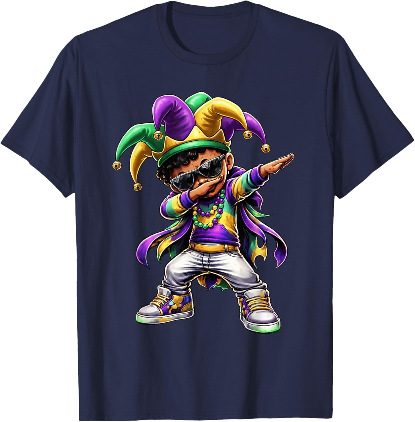 Boys Mardi Gras Dabbing Boy Black Jester Beads Toddler Kids T-Shirt - T-Shirt | Navy
