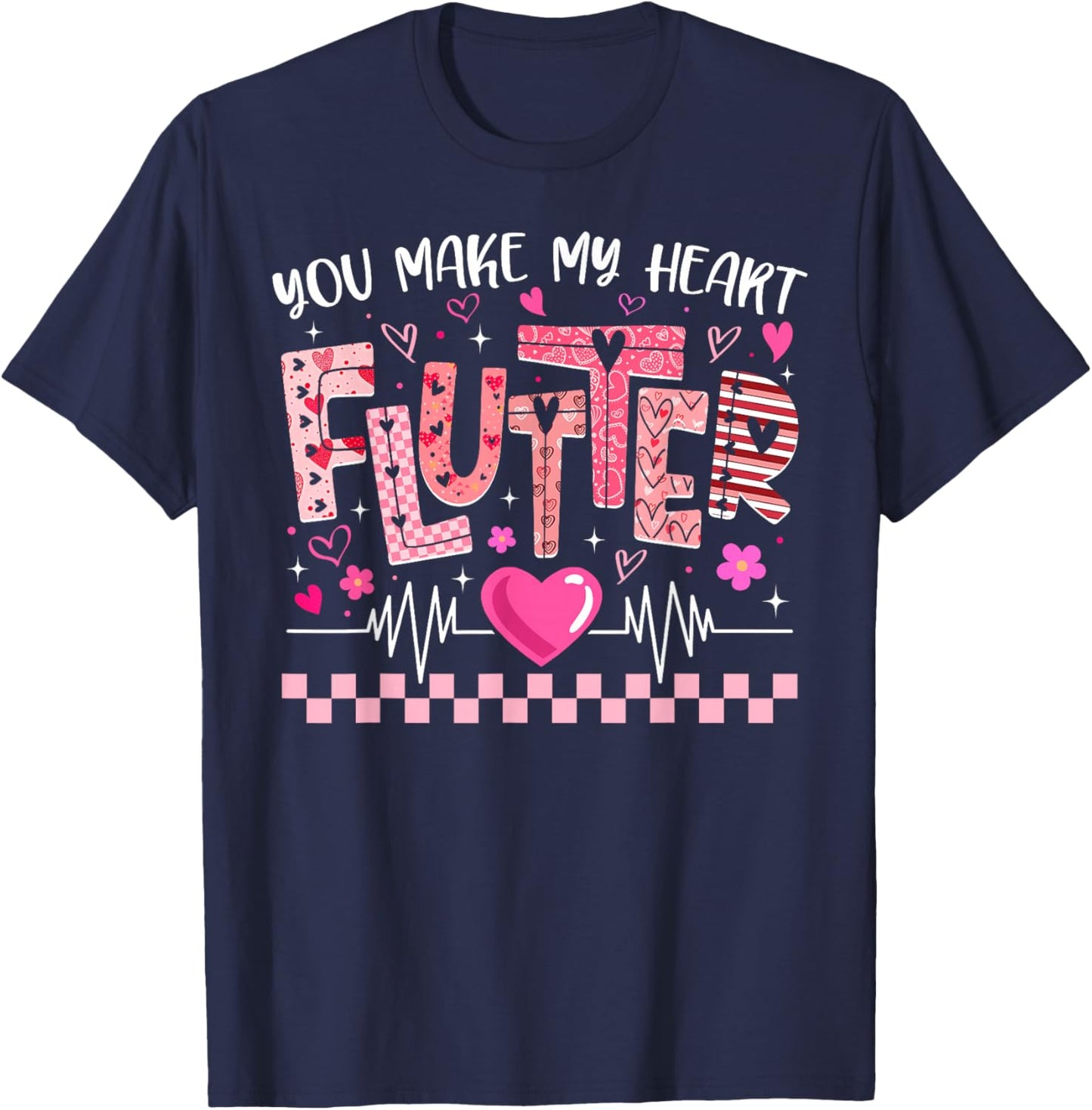 Valentine You Make My Heart Flutter Cardiac Nurse CVICU T-Shirt - T-Shirt | Navy