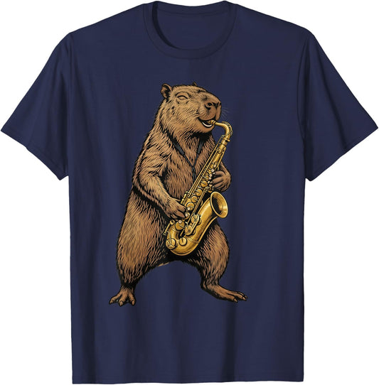 Capybara Saxophone Funny Jazz Animal Music Lover T-Shirt - T-Shirt | Navy
