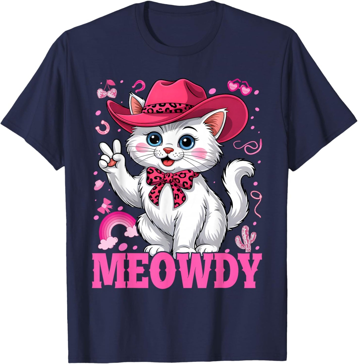 Meowdy Bachelorette Party Pink Cowgirl Hat Cat Cowboy T-Shirt - T-Shirt | Navy