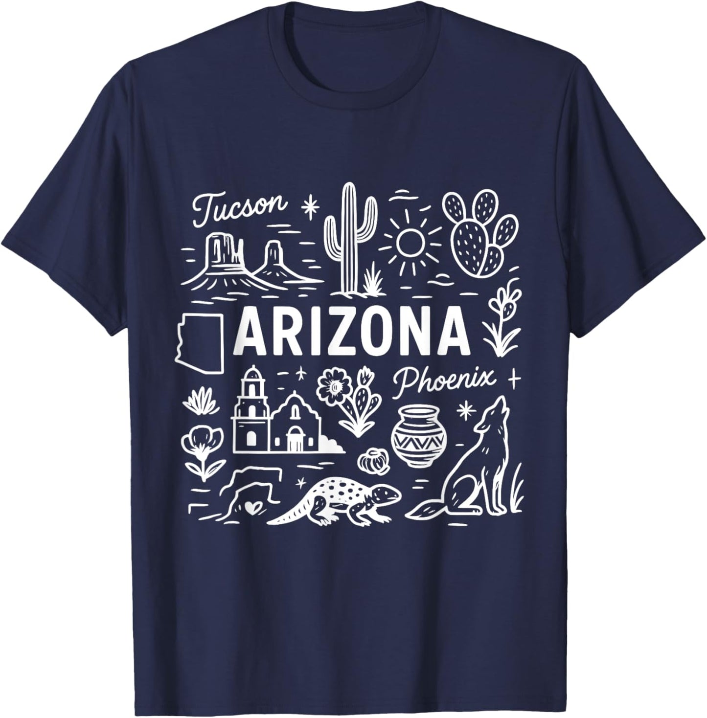 Arizona USA State Symbols Vintage Souvenir Cute Doodle T-Shirt - T-Shirt | Navy