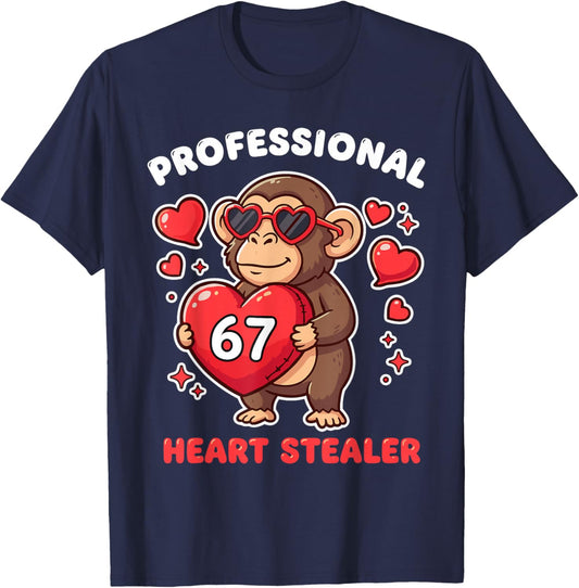 Professional Heart Stealer Valentines 67 Meme 6 7 Monkey T-Shirt - T-Shirt | Navy