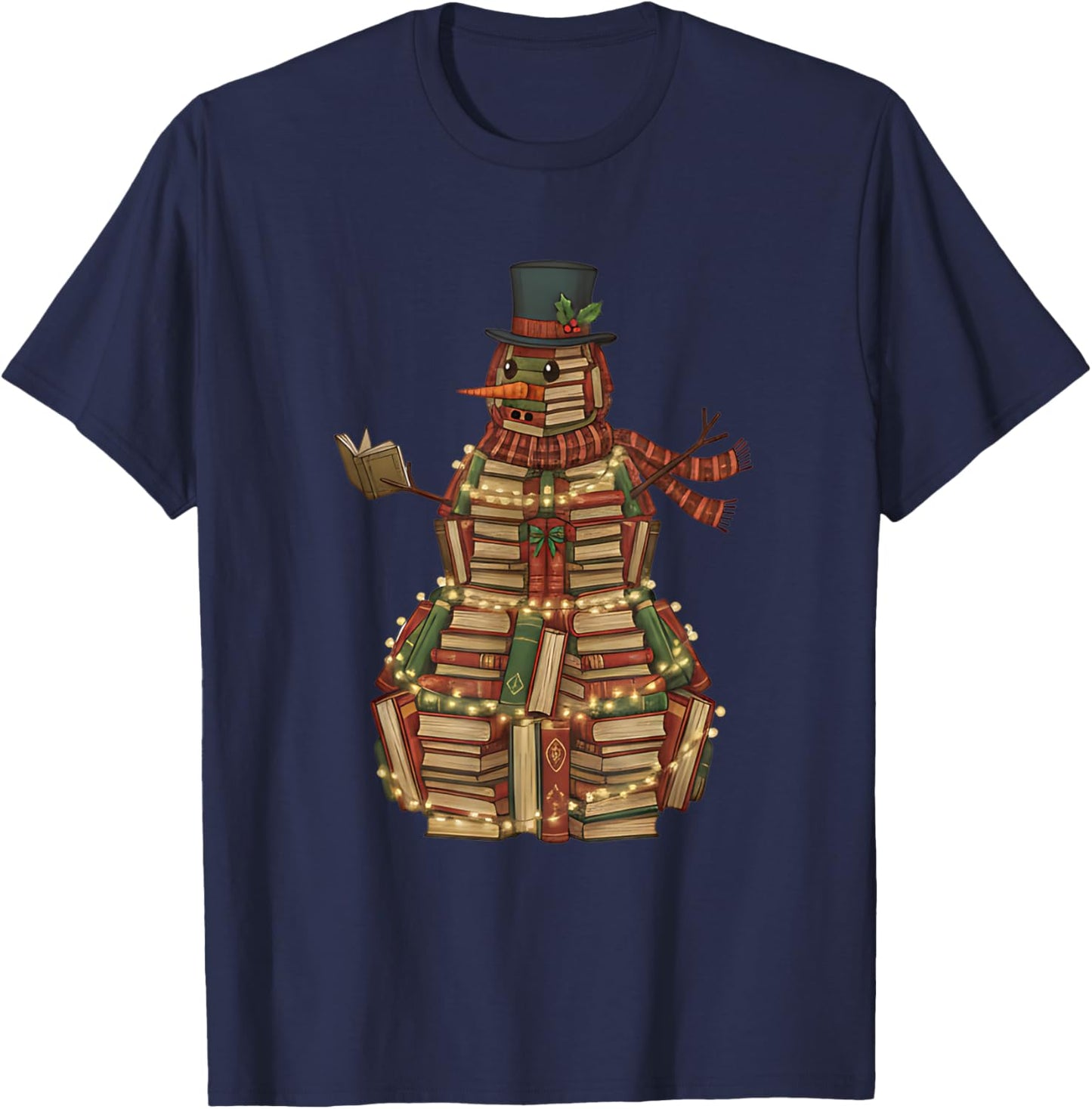 Funny Christmas Snowman Made of Books Holiday Reading Xmas T-Shirt - T-Shirt | Navy
