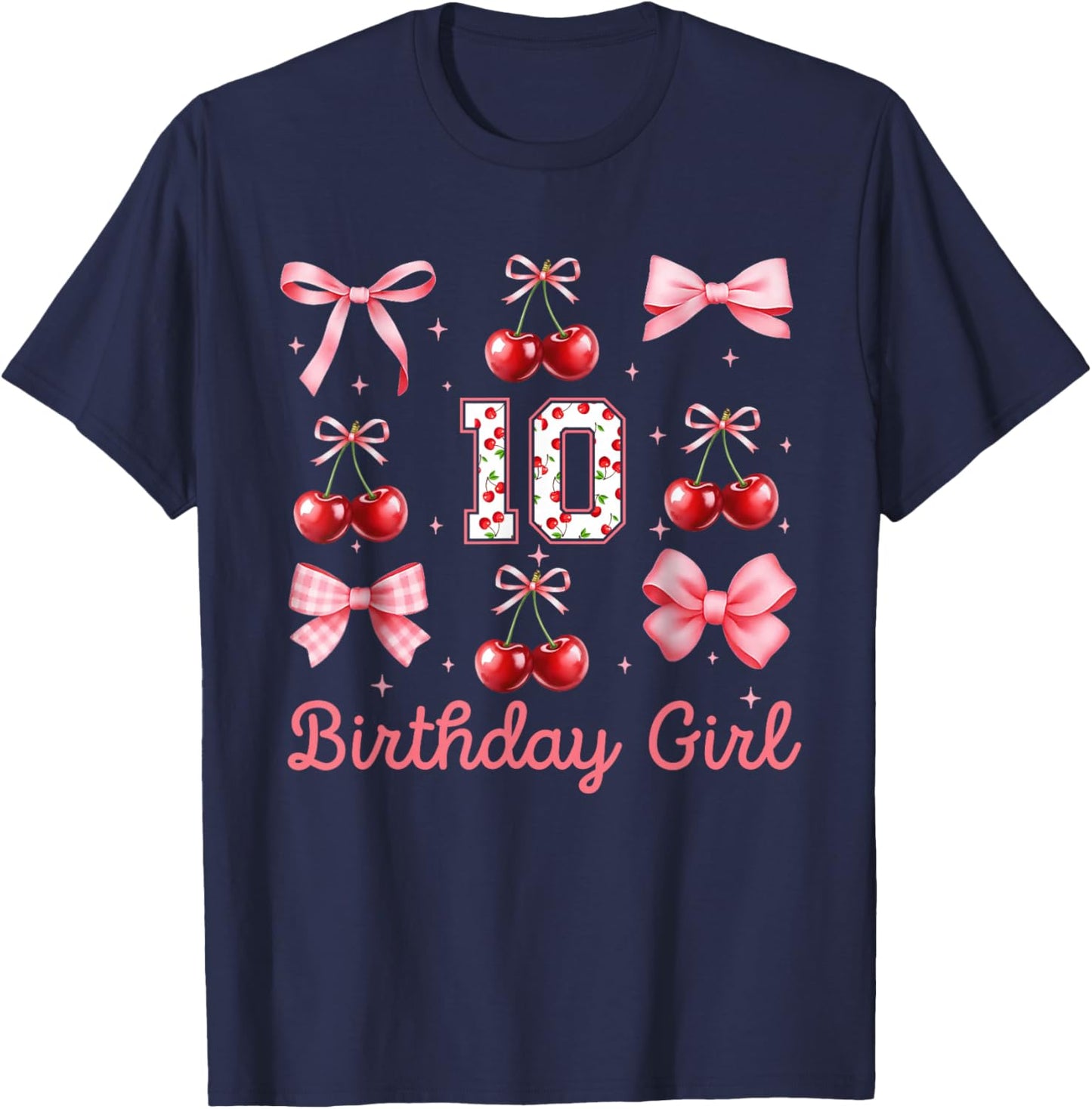 10th Birthday Girl Cherry Coquette Bow 10 Year Old Girls T-Shirt - T-Shirt | Navy