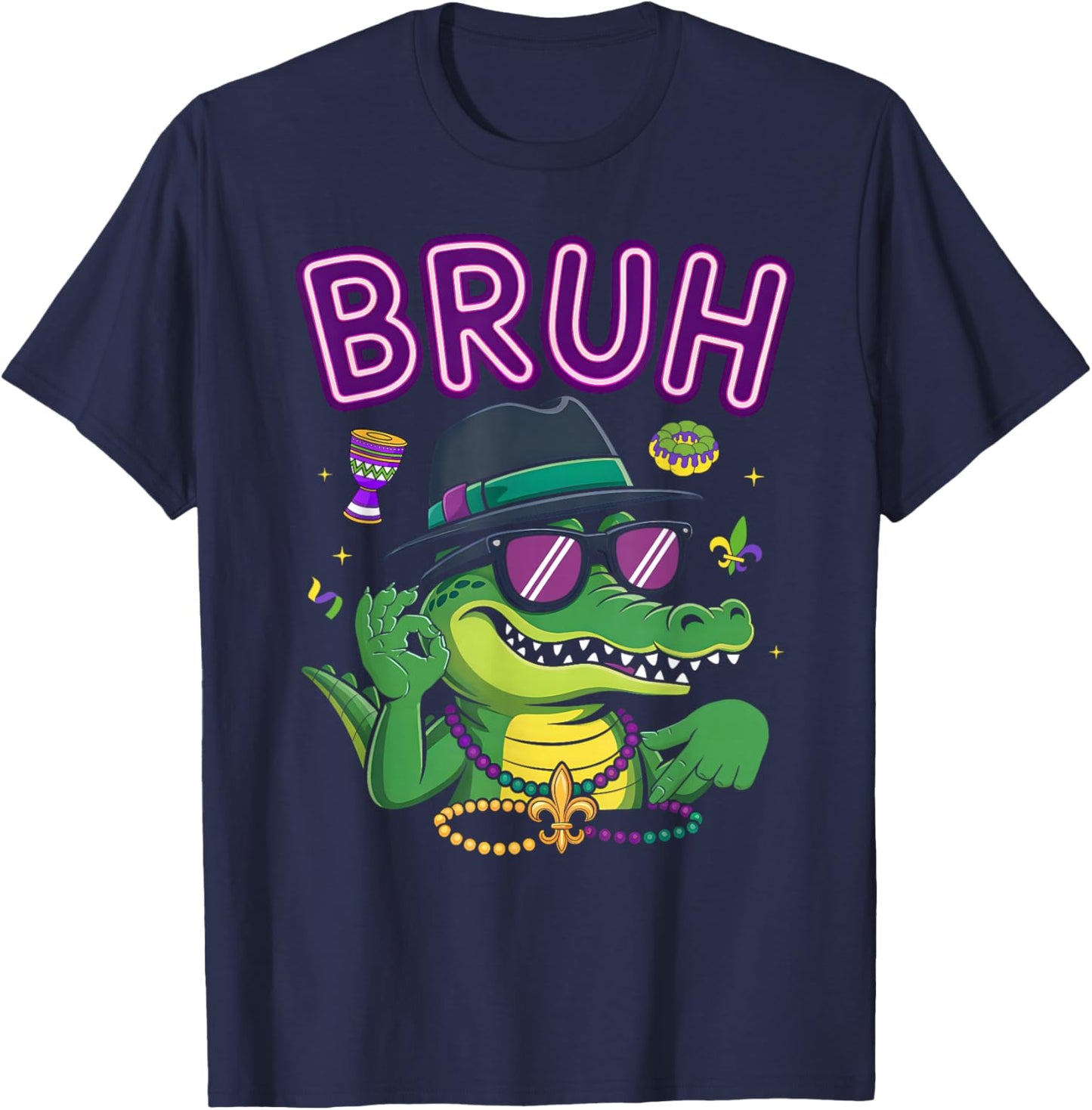 Funny Six Seven Bruh Mardigator Alligator 67 Meme Mardi Gras T-Shirt - T-Shirt | Navy
