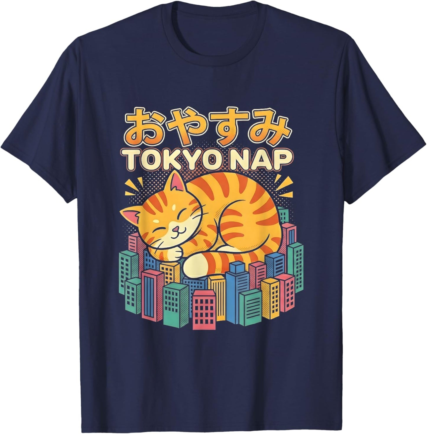 Tokyo Nap Giant Cat City Kawaii Neko Japanese Anime Sleeping T-Shirt - T-Shirt | Navy