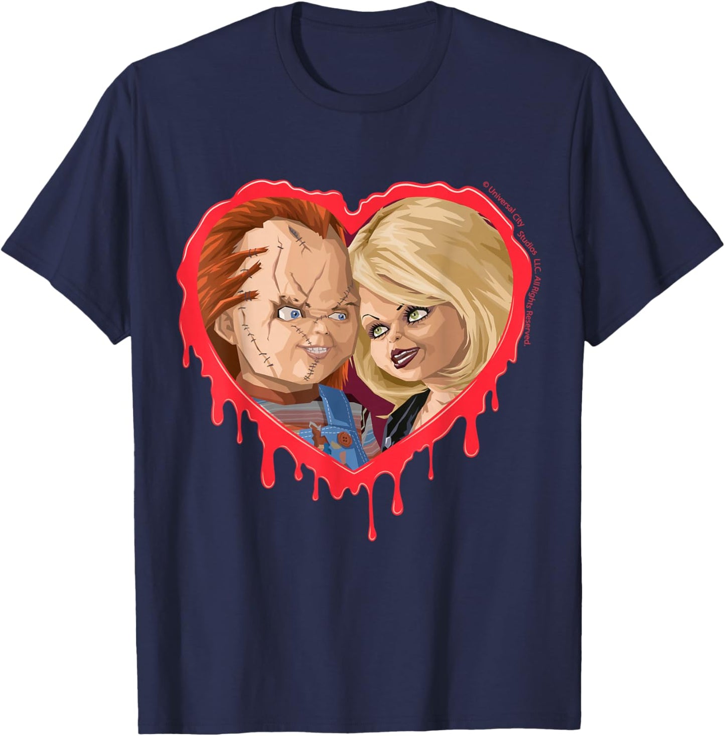 Chucky and Tiffany Dripping Heart Horror Love T-Shirt - T-Shirt | Navy