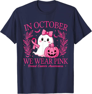 in October We Wear Pink Breast Cancer Awareness Halloween T-Shirt - T-Shirt | Navy