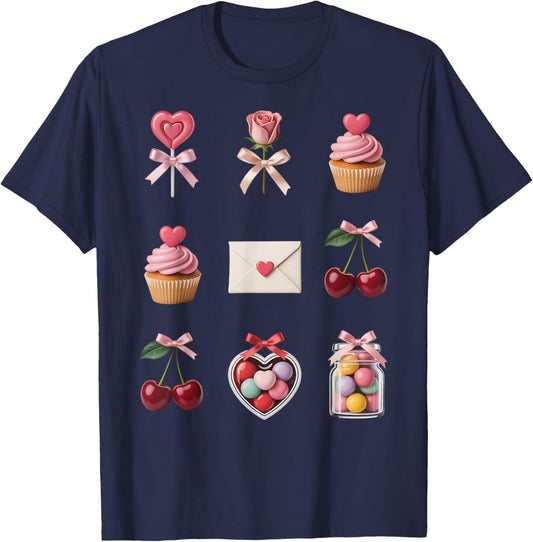 Valentine Coquette Bow Heart Chocolate Strawberry Cherries T-Shirt - T-Shirt | Navy