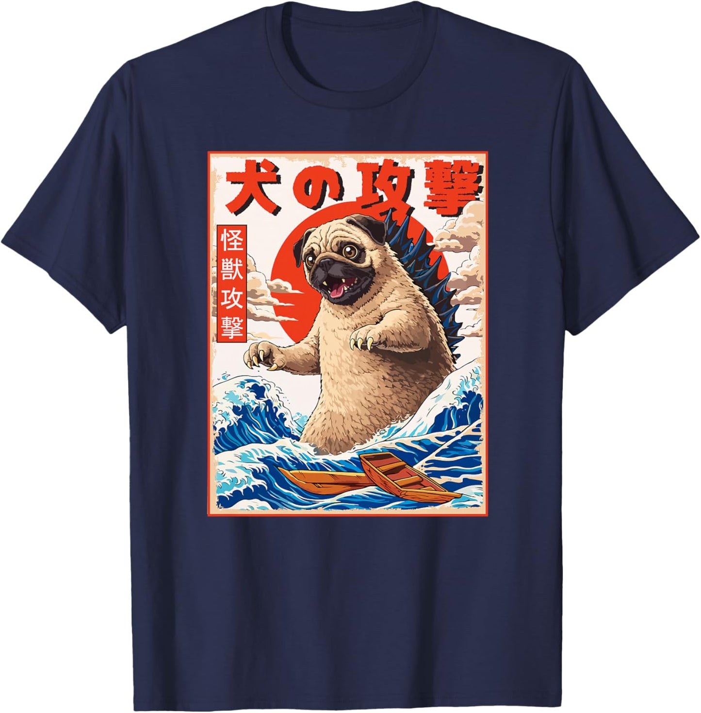 dogzilla Dog Japanese Art - Kanagawa Wave Men Women Kids Pug Premium Tri-Blend T-Shirt - T-Shirt | Navy