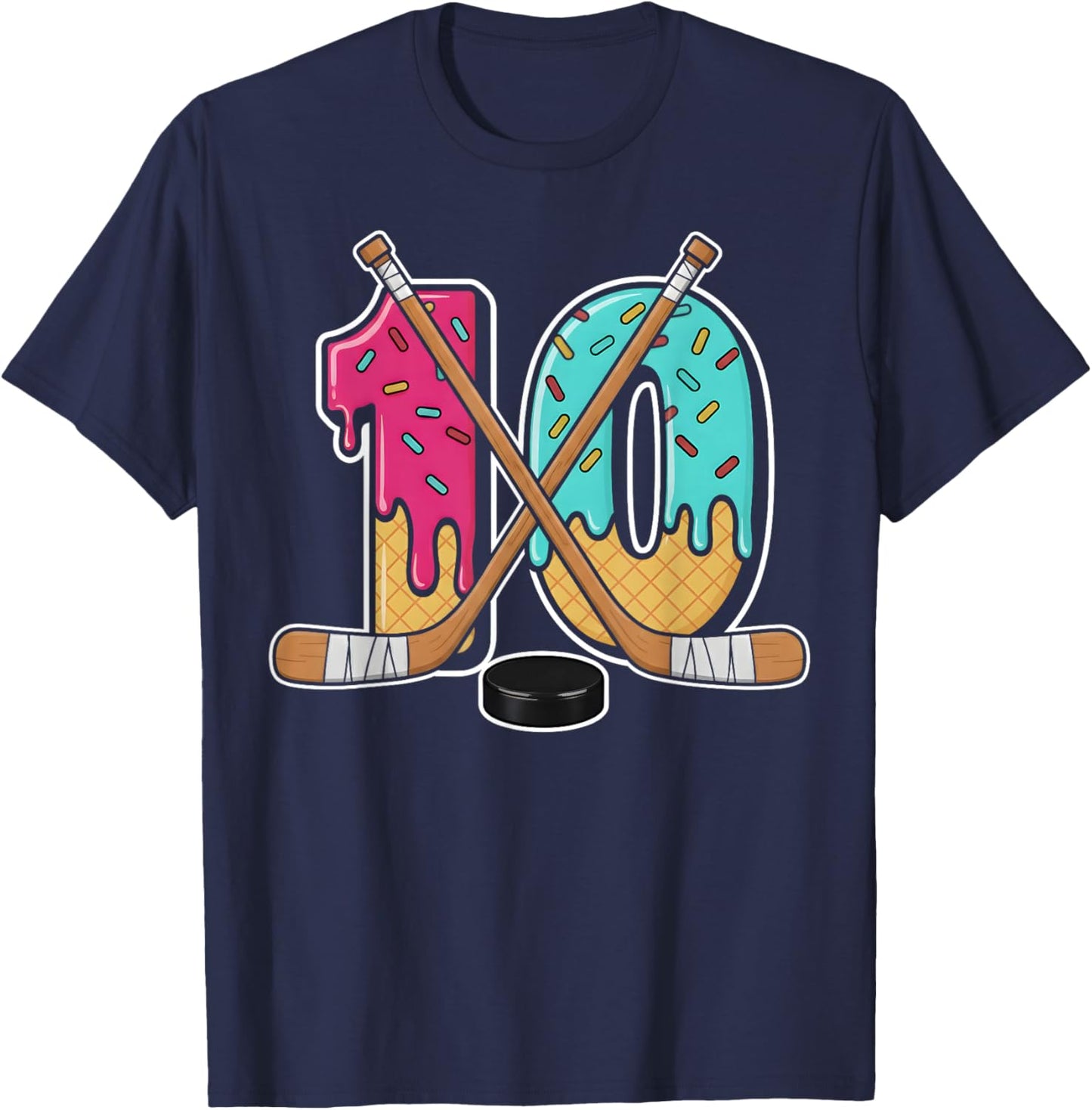 10 Year Old Hockey Ice Cream Drip Youth 10th Birthday Boys T-Shirt - T-Shirt | Navy