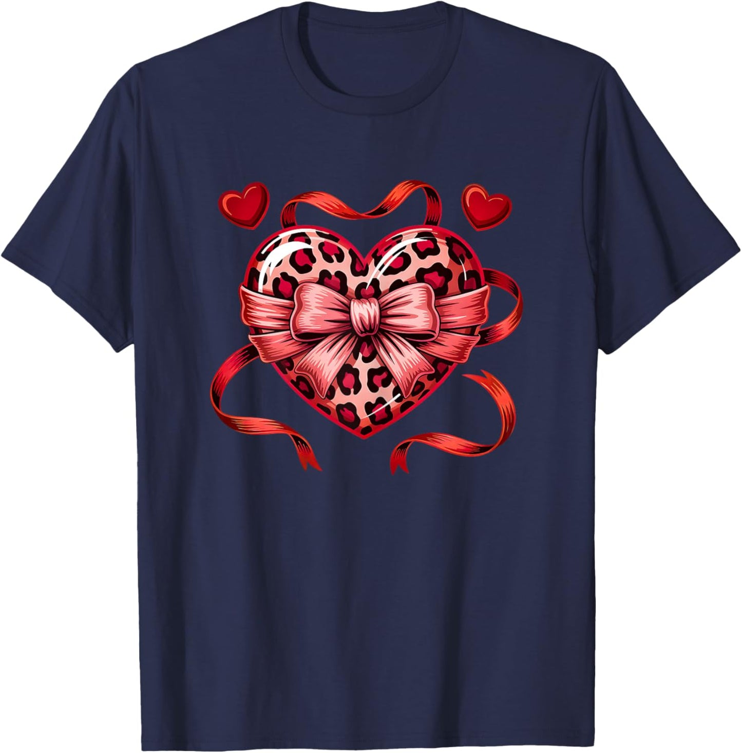 Coquette Bow Leopard Heart Love Valentines Day T-Shirt - T-Shirt | Navy