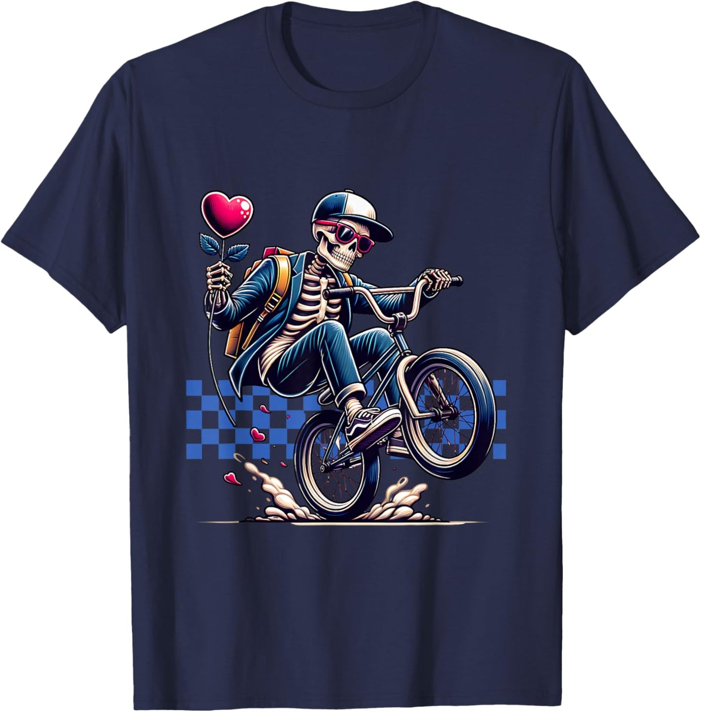 Valentine Boy Skeleton Riding a BMX Bike - Valentine Party T-Shirt - T-Shirt | Navy