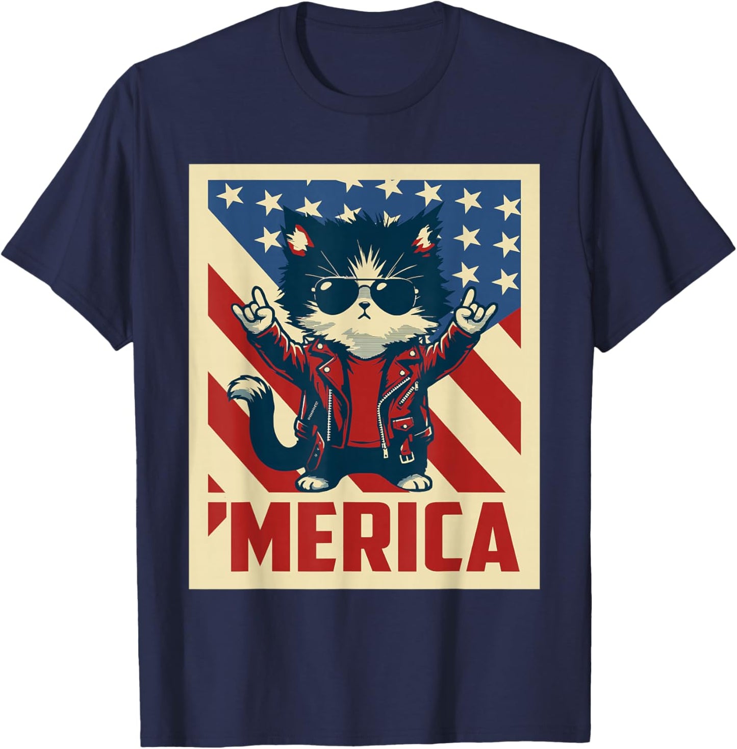 USA Flag Cat 4th of July Men Women Kids Funny Patriotic T-Shirt - T-Shirt | Navy