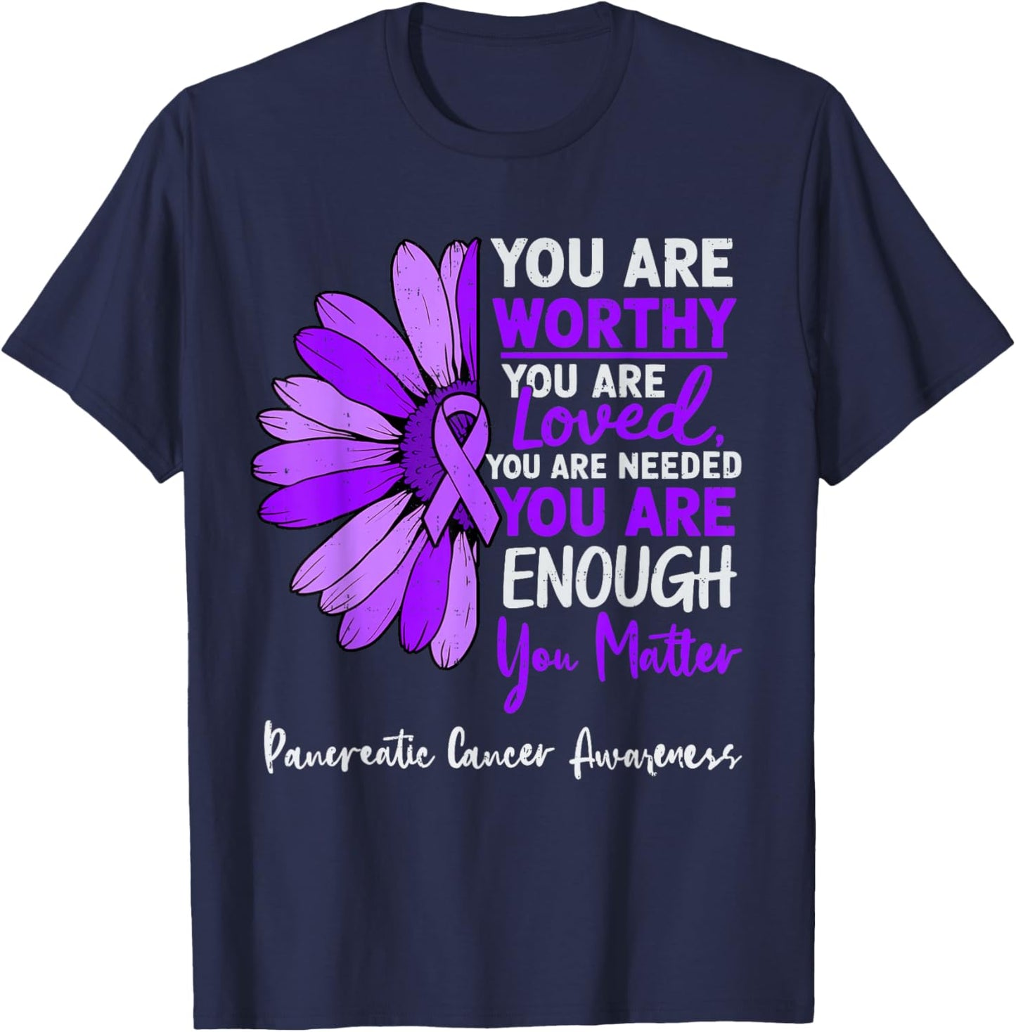 Motivational Pancreatic Cancer Awareness Ribbon Purple T-Shirt - T-Shirt | Navy